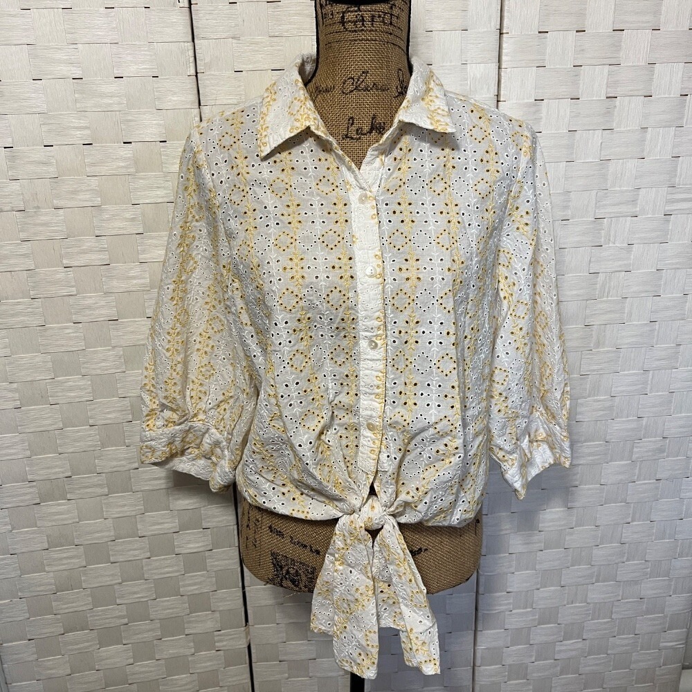 Karen Kane Eyelet Tie-Front Button-Down 3/4 Sleeve Blouse White Yellow LP